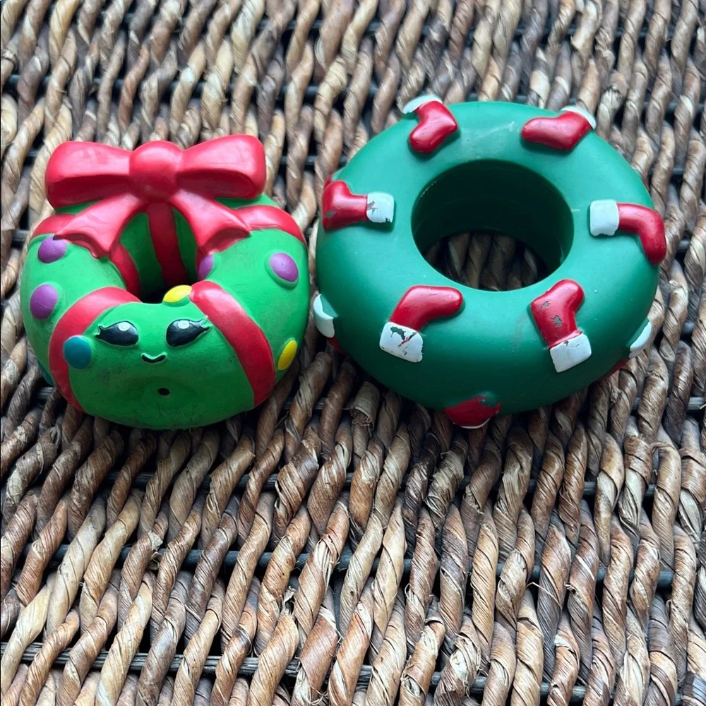 Green Holiday Donut Squeaky Dog Toys with Red Accents